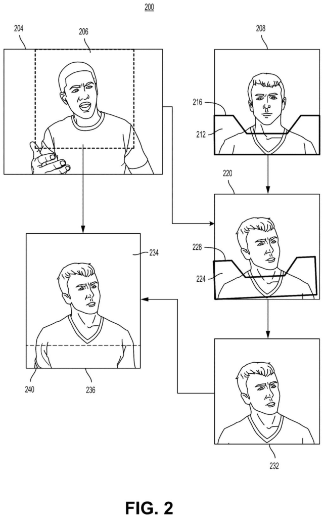 Steps for aligning an edited face onto a person's body so new video frames look natural. Drawing from patent filing US 2026/0320808 A1.