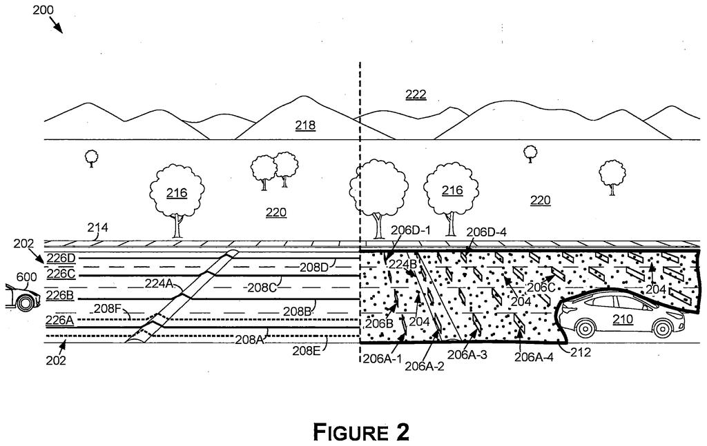 An autonomous vehicle maps the roadway ahead using sensors to identify speed bumps and surface irregularities in traffic. Drawing from patent filing US 2026/0320816 A1.
