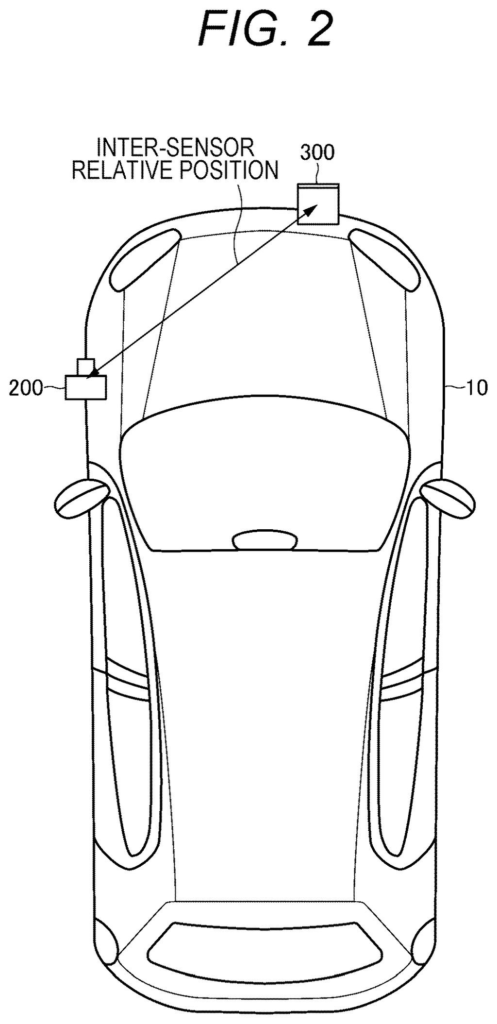 A car tracking the distance between its driving camera and headlight sensor to spot when either gets bumped out of place. Drawing from patent filing US 2026/0320833 A1.