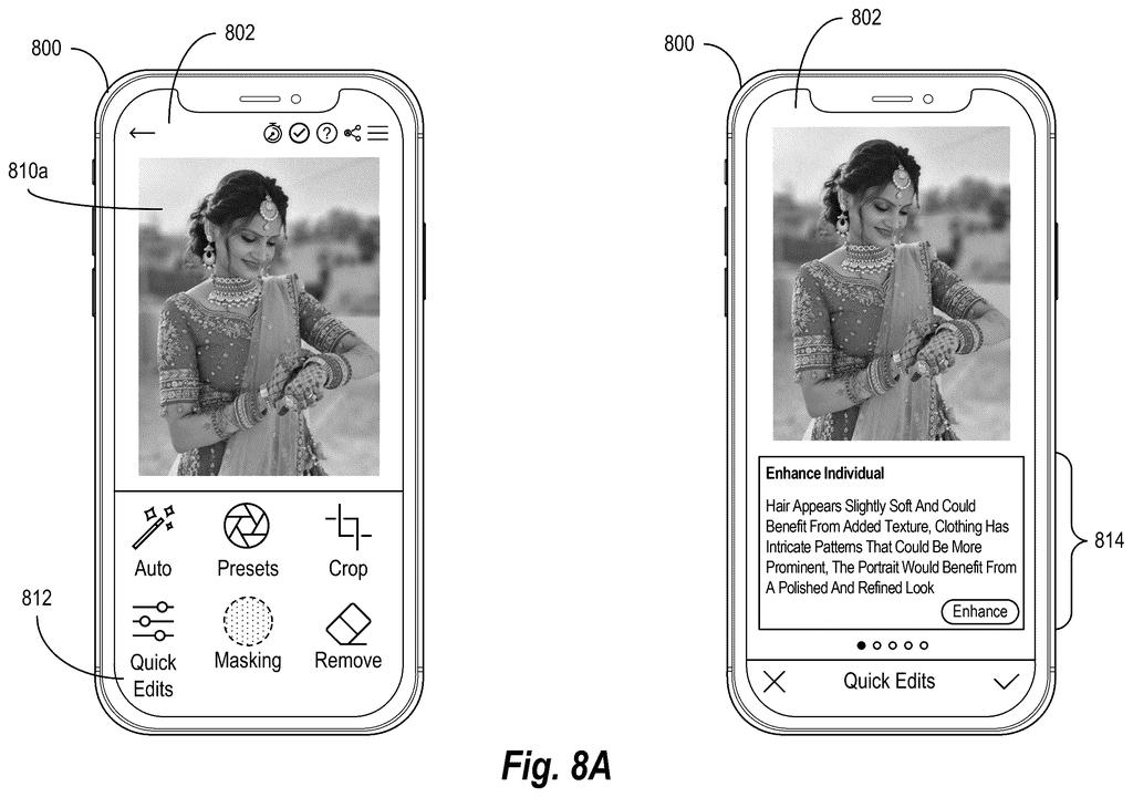 A phone app suggests targeted retouching options based on recognizable details in a portrait photo. Drawing from patent filing US 2026/0320849 A1.