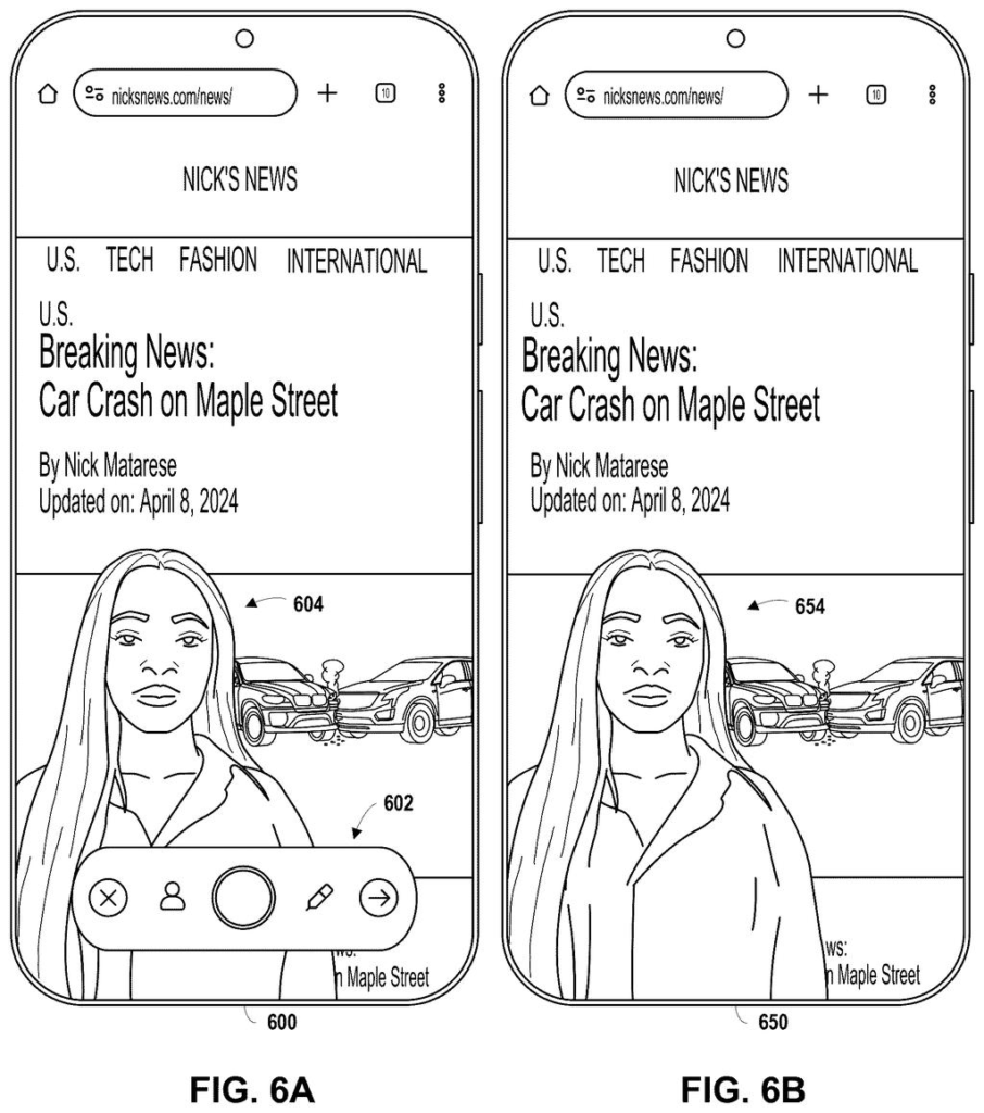 A phone screen overlays a creator's selfie video directly onto a news article while recording. Drawing from patent filing US 2026/0320851 A1.
