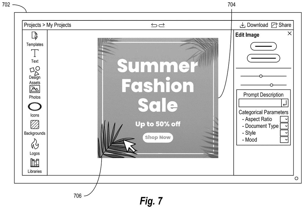 An editing app lets users click and adjust individual graphic elements and text inside an AI-generated promotional poster. Drawing from patent filing US 2026/0320862 A1.