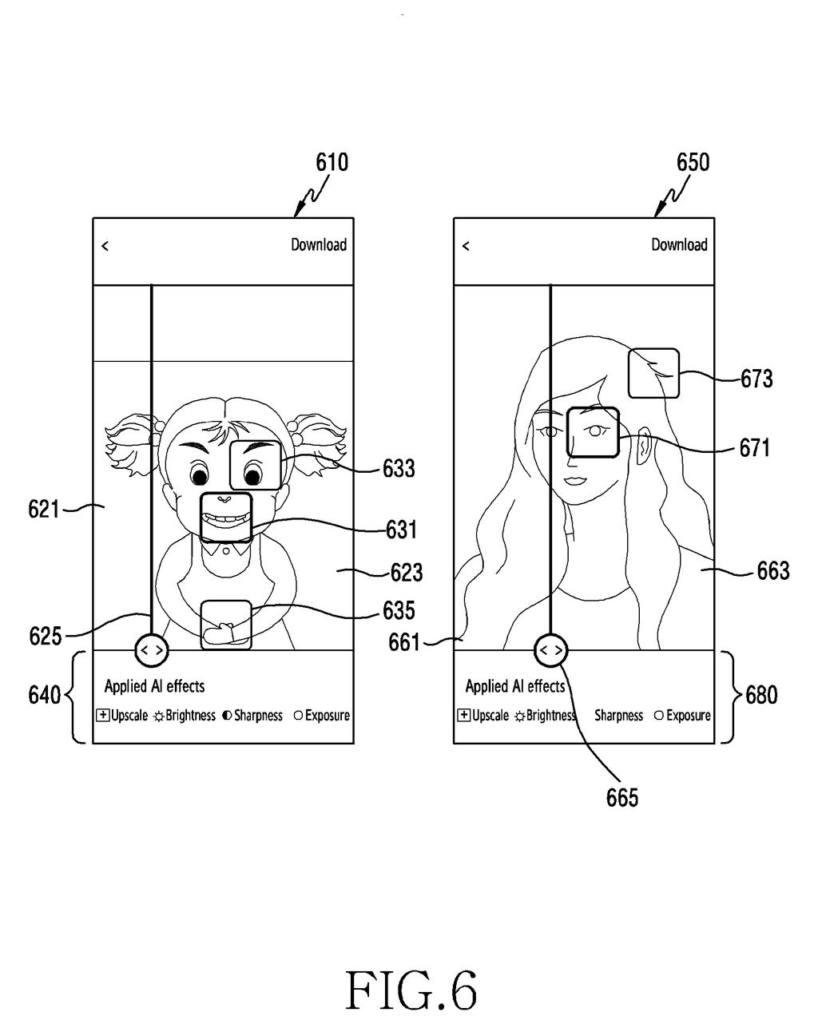 A phone screen compares original and remastered photos using a slider, with boxes highlighting specific areas cleaned up by software. Drawing from patent filing US 2026/0320866 A1.