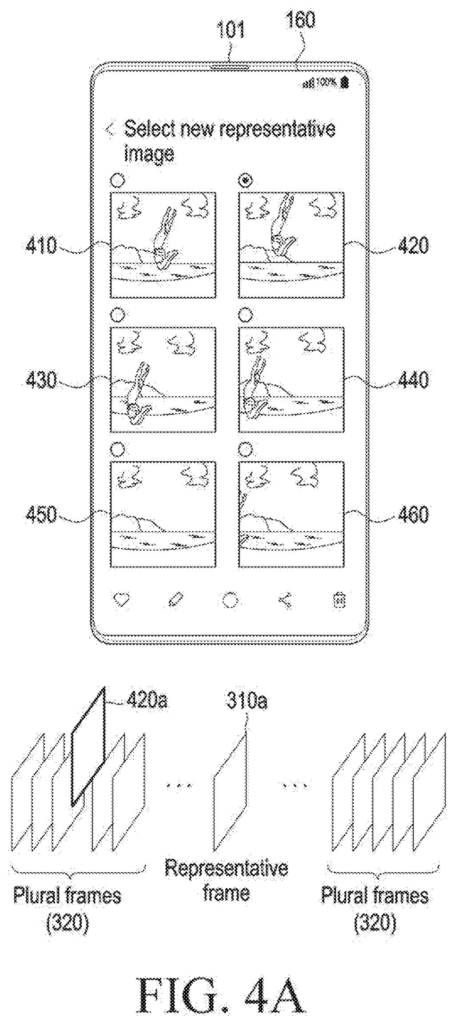 A phone screen lets someone choose a different cover shot from a moving picture clip. Drawing from patent filing US 2026/0320877 A1.