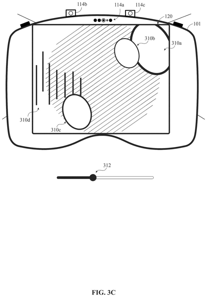 An immersive music visualizer fills a headset wearer's view with shapes and light patterns tied to the song playing. Drawing from patent filing US 2026/0320888 A1.