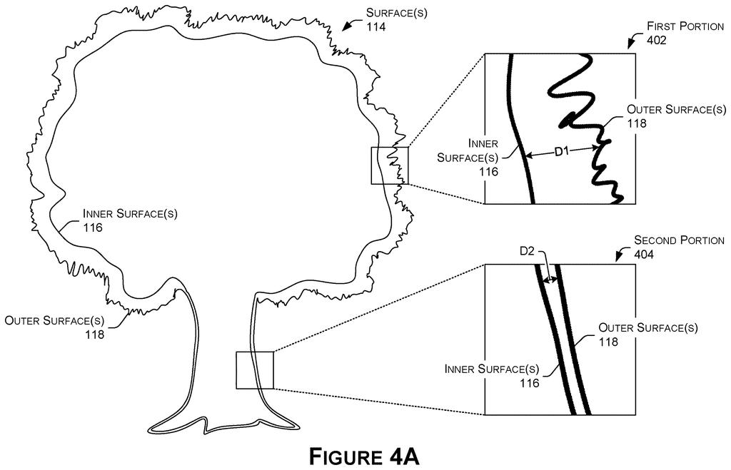 Outlines around a tree show where a graphics program devotes extra processing space for bushy leaves versus solid wood. Drawing from patent filing US 2026/0320902 A1.