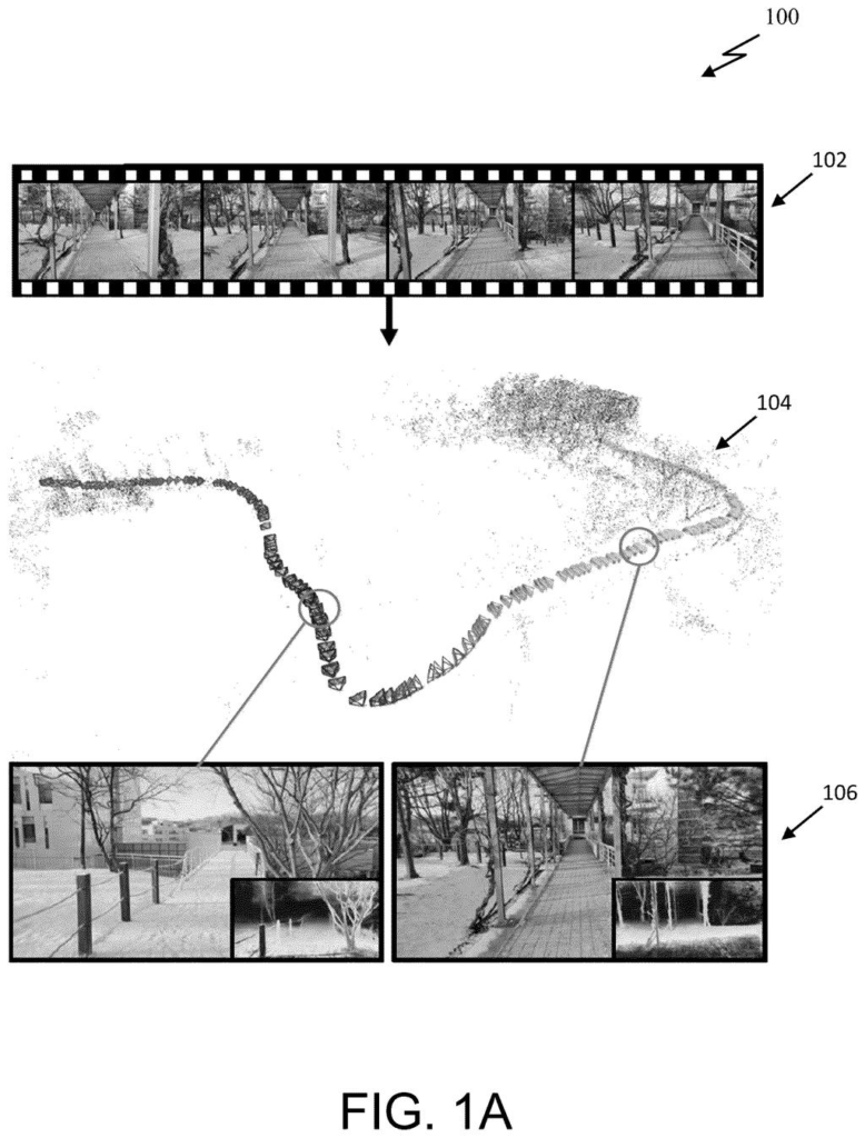 Recorded clips of a walk turn into a walkable digital world by tracking how the camera moved through space. Drawing from patent filing US 2026/0320906 A1.