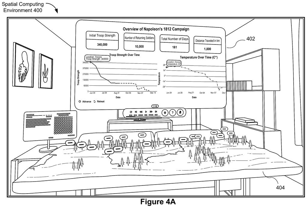 A tabletop view through a headset shows historical army numbers charted over a miniature physical terrain inside a real room. Drawing from patent filing US 2026/0320926 A1.
