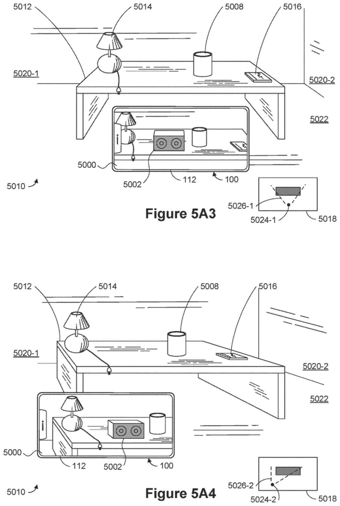 A phone camera inserts a digital speaker onto a real tabletop among lamps and mugs on the screen. Drawing from patent filing US 2026/0320930 A1.