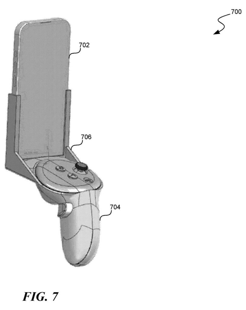 A handheld VR controller fitted with a smartphone mount lets the phone help scan a room in 3D. Drawing from patent filing US 2026/0320931 A1.