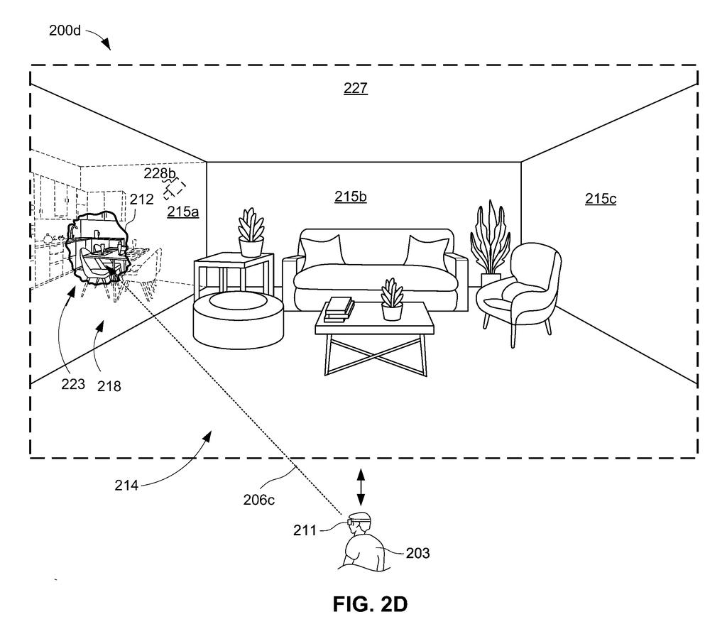 A headset cuts a virtual window through an interior room wall, revealing live video of an adjacent kitchen space. Drawing from patent filing US 2026/0320932 A1.