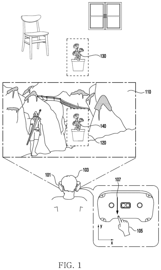 A headset blending a real potted plant into a video game scene when the wearer swipes the front visor. Drawing from patent filing US 2026/0320945 A1.