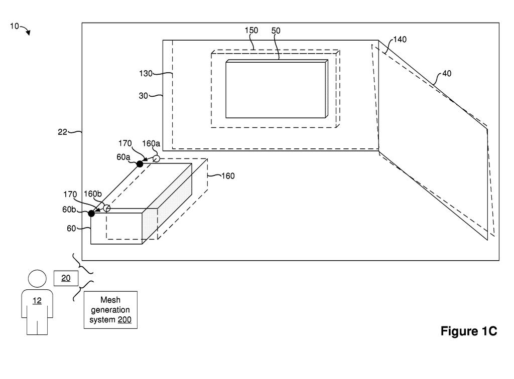 A headset tracks physical furniture and aligns a digital 3D model to match the real object's actual corners. Drawing from patent filing US 2026/0320951 A1.