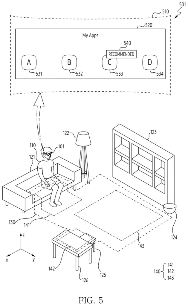 A headset user sitting on a couch sees recommended apps chosen automatically based on their position in the room. Drawing from patent filing US 2026/0320961 A1.