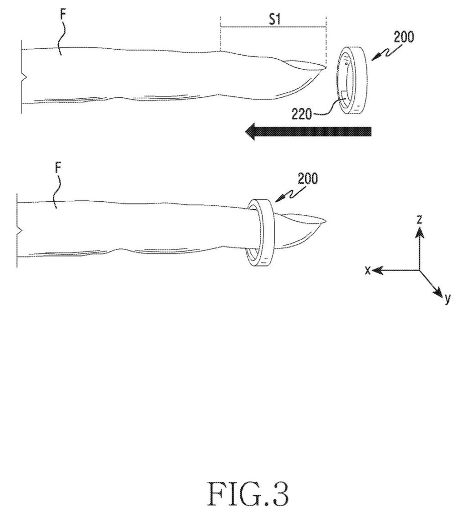 A smart ring scans a user's fingerprint while being slipped onto their finger to verify identity. Drawing from patent filing US 2026/0321051 A1.