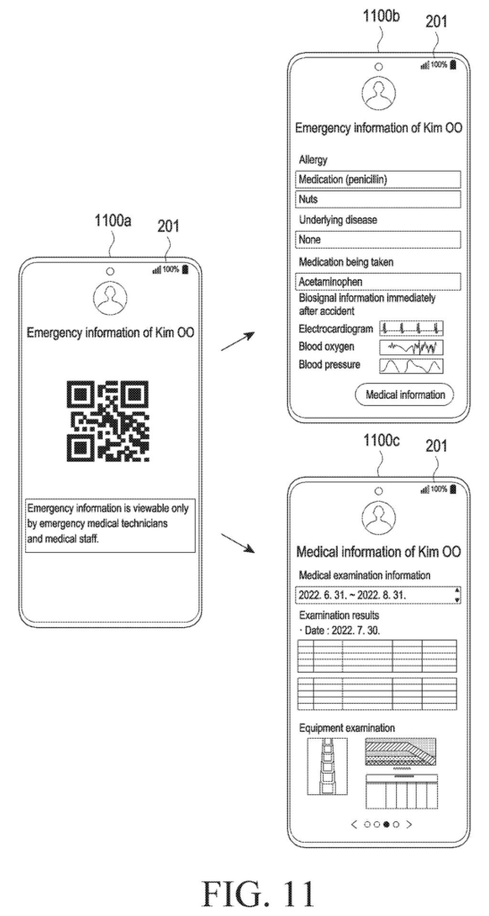 Smartphone screens showing a scannable QR code and medical data like vital signs, allergies, and exam history after a crash. Drawing from patent filing US 2026/0321125 A1.