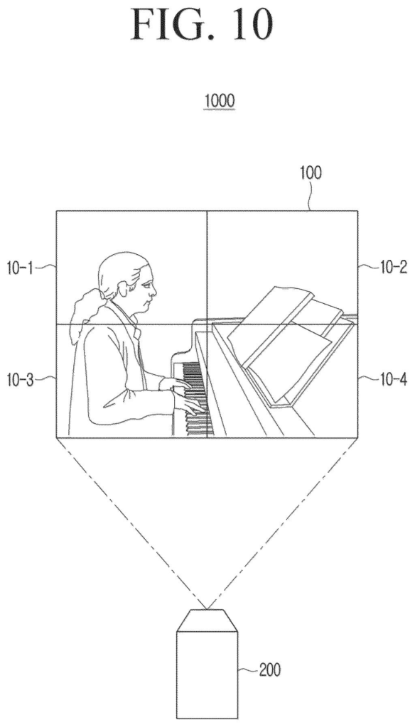 A camera scans a large video wall made of tiled screens to identify each individual panel. Drawing from patent filing US 2026/0321195 A1.