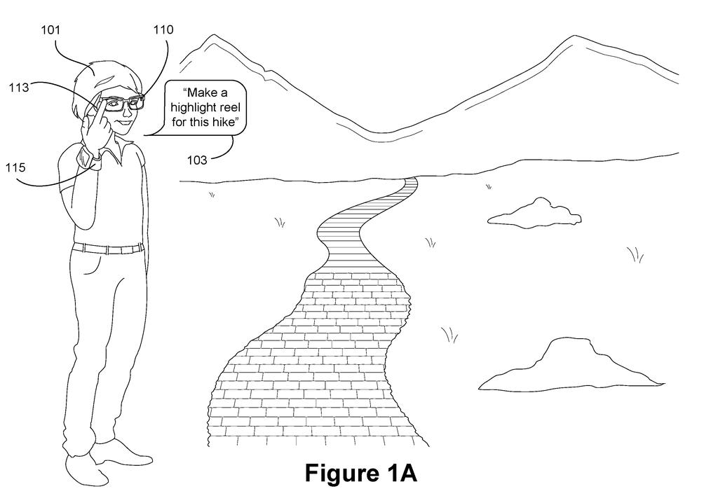 A hiker commands smart glasses to automatically create a highlight video along an outdoor trail. Drawing from patent filing US 2026/0321292 A1.