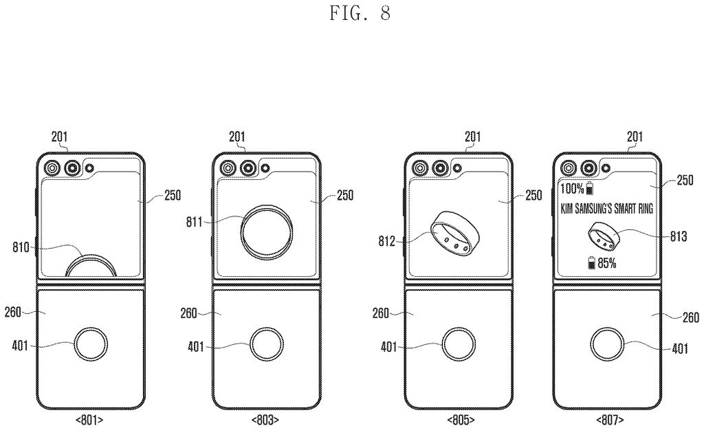 A foldable phone recharges a smart ring resting on its back panel while tracking battery levels on its outer cover screen. Drawing from patent filing US 2026/0322912 A1.