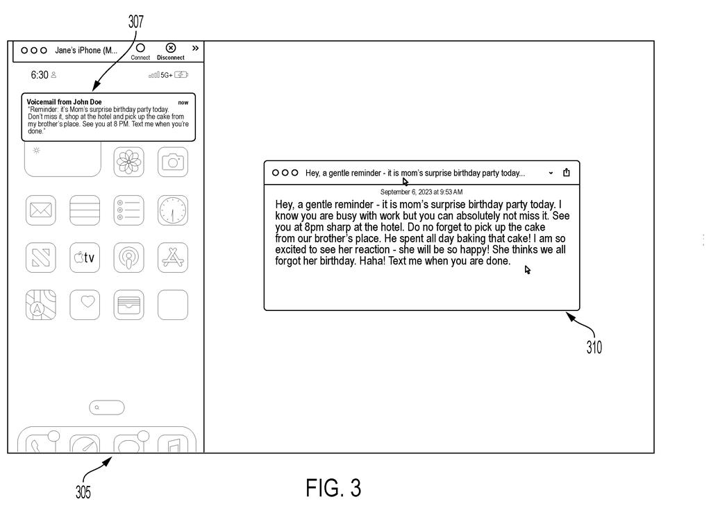 An iPhone notification summarizes a voicemail while generating an automatic task reminder based on its spoken contents. Drawing from patent filing US 2026/0322921 A1.