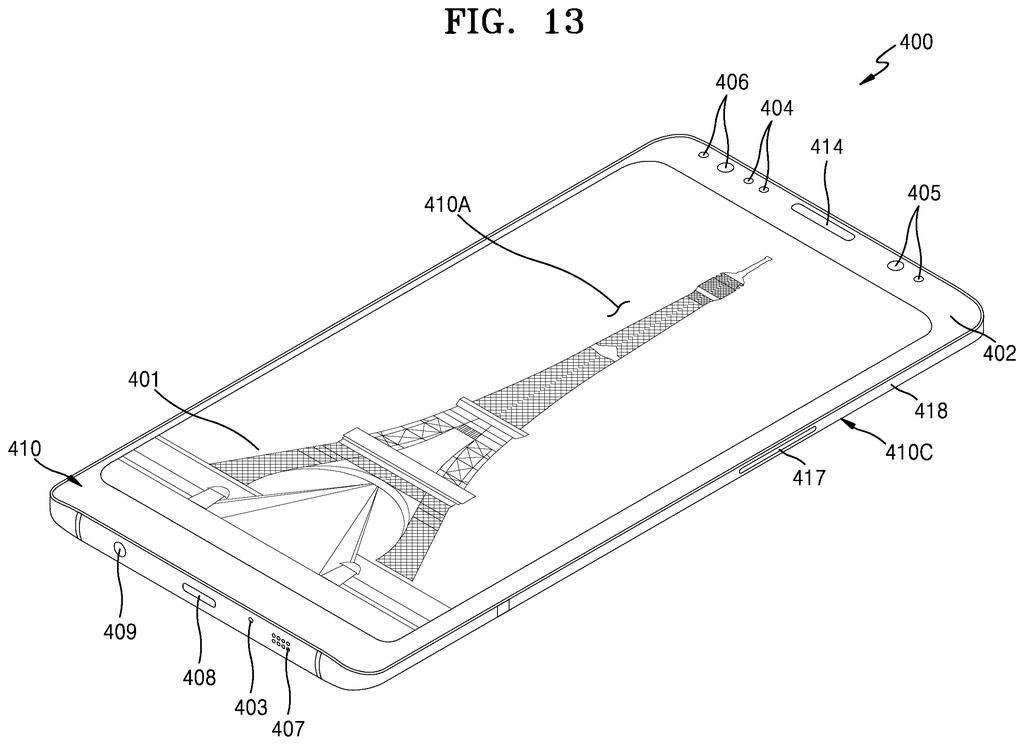 A smartphone screen designed to display both flat two-dimensional graphics and three-dimensional holographic images at the same time. Drawing from patent filing US 2026/0322989 A1.
