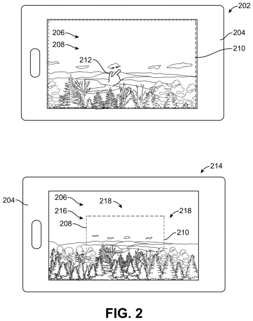A phone screen lets someone pinch inward on a photo so an AI can fill in the missing outdoor background beyond the original frame. Drawing from patent filing US 2026/0323153 A1.