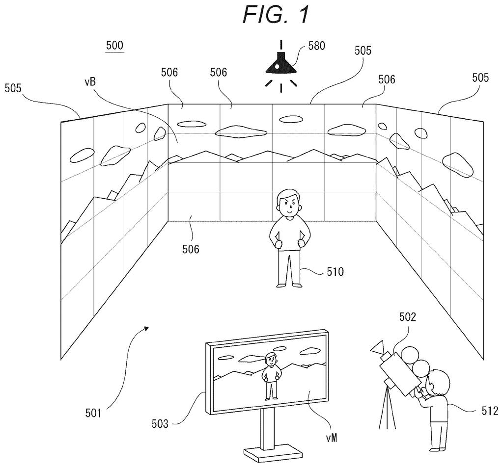 A virtual production set where an actor stands in front of giant digital display walls while a camera records the scene. Drawing from patent filing US 2026/0323154 A1.