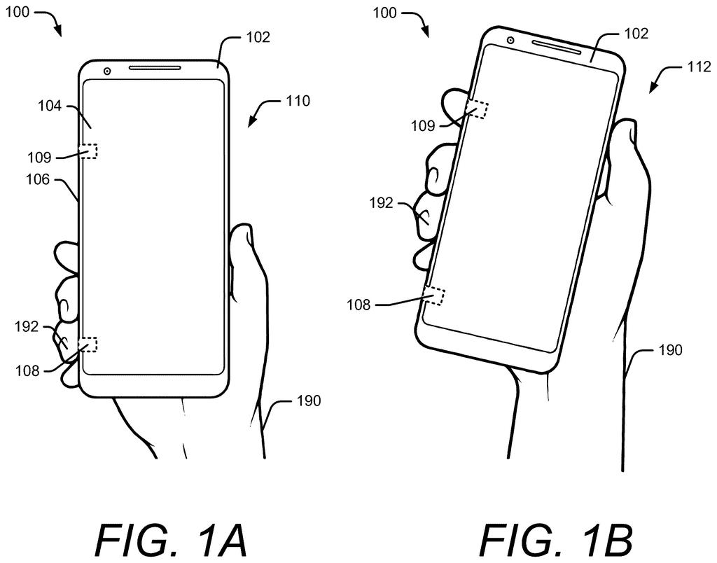A hand holds a smartphone in grips that place fingers directly over the side speaker ports. Drawing from patent filing US 2026/0323228 A1.