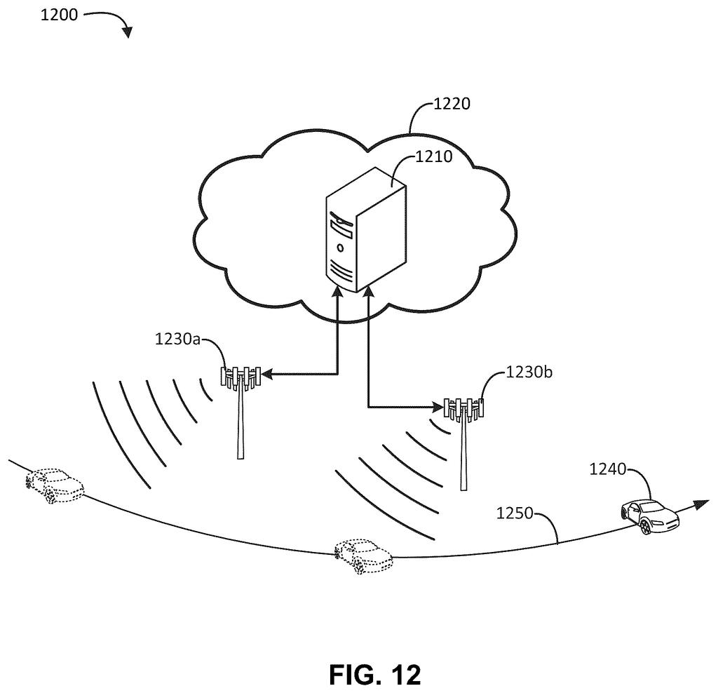 Cell towers coordinate through cloud servers to follow a car driving along a road using radio signals. Drawing from patent filing US 2026/0323252 A1.