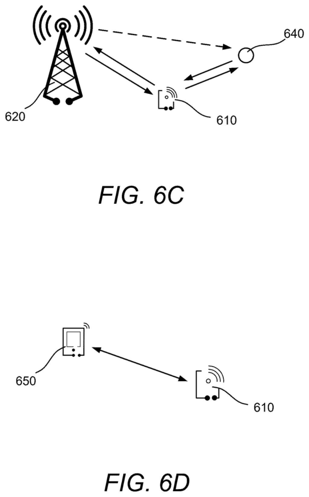 Radio signals travel between a cell tower, a smartphone, and a wireless tracking tag while an obstacle blocks the path. Drawing from patent filing US 2026/0323263 A1.