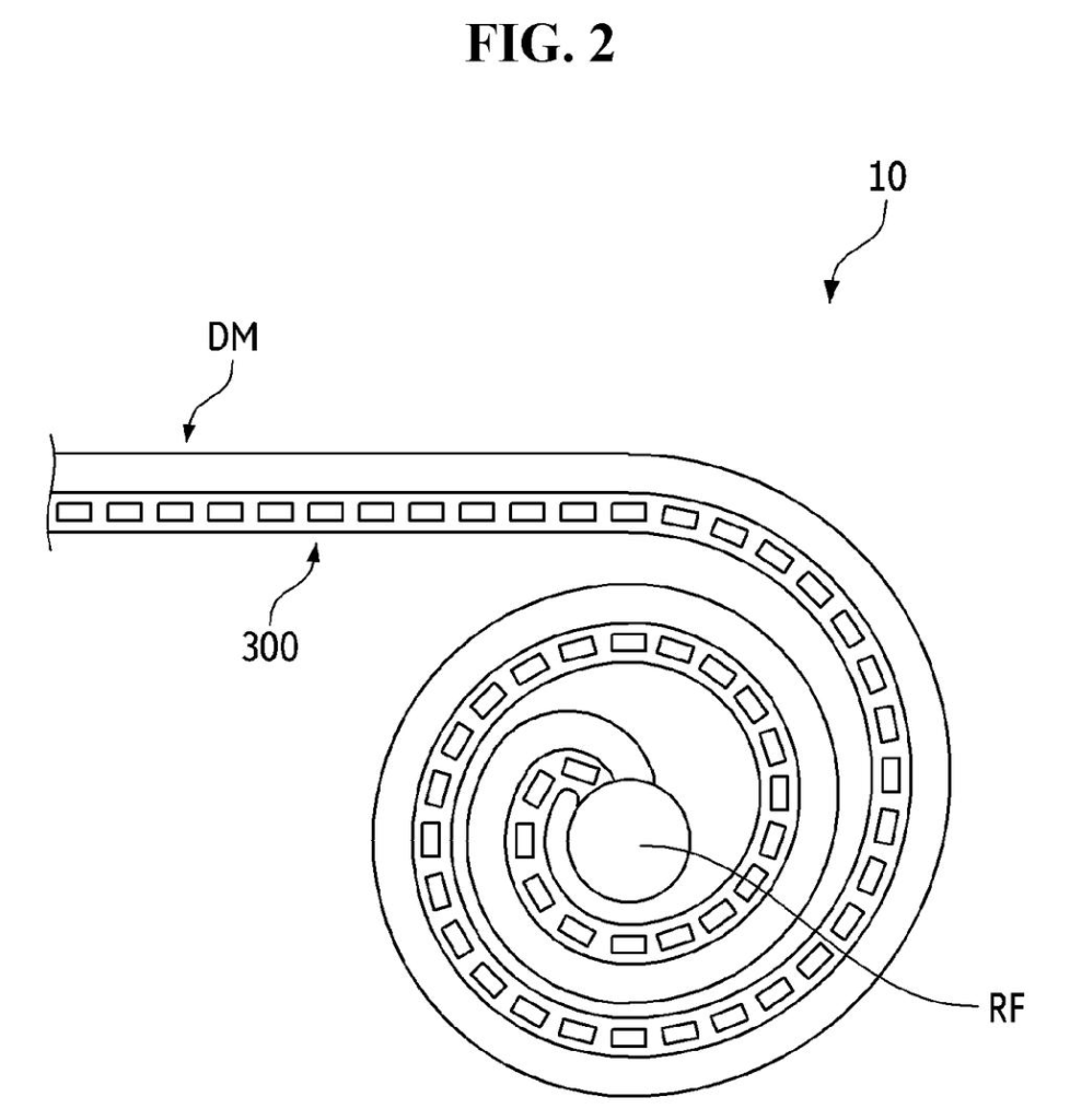 A rollable display curving around an inner roller with a protective backing designed to bend smoothly without spilling fluids. Drawing from patent filing US 2026/0323849 A1.