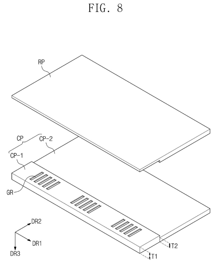 Carved channels in a screen's metal base layer help heat escape so the display stays cool. Drawing from patent filing US 2026/0323851 A1.