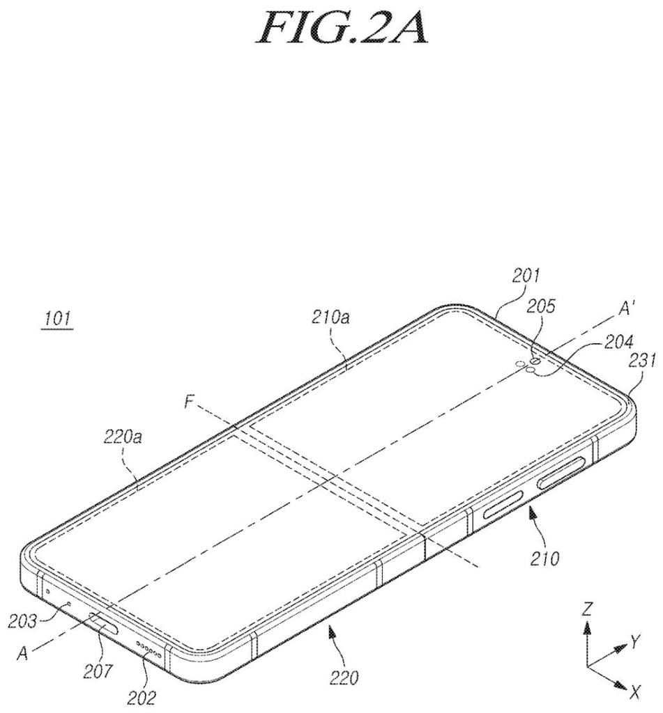 An unfolded smartphone with a flexible screen, marked along the central line where the display bends. Drawing from patent filing US 2026/0323852 A1.