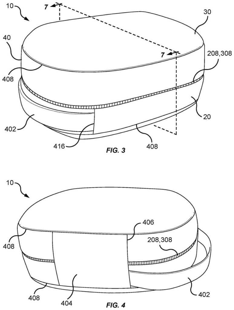 A headset travel case with a flexible carrying handle that pulls out when needed and tucks flat against the side when not in use. Drawing from patent filing US 2026/0324825 A1.