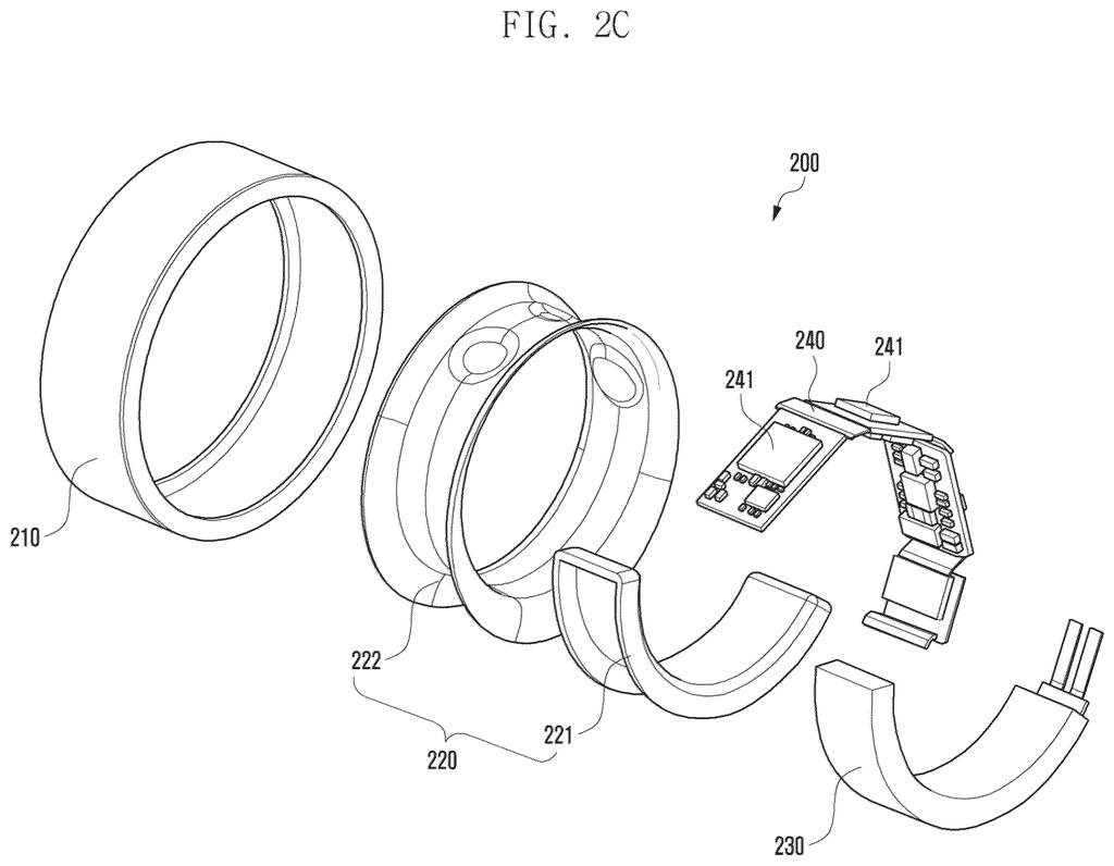Inner components of a smart ring show how the battery, sensors, and computer chips fit together inside the wearable band. Drawing from patent filing US 2026/0325009 A1.