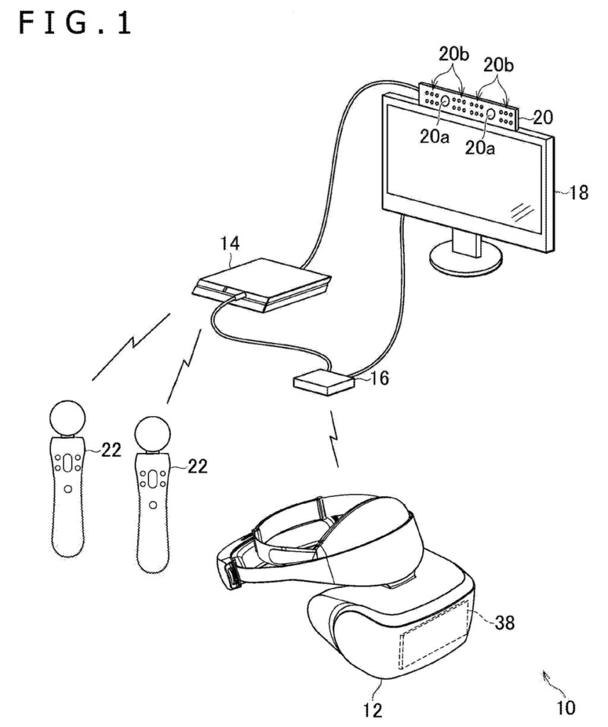 A virtual reality headset paired with controllers and a tracking camera designed to stop games before players hit real walls. Drawing from patent filing US 2026/0325955 A1.