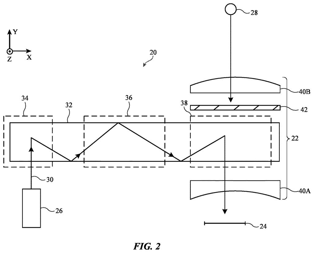 Smart glasses lenses mix digital graphics with outside sunlight while an electric tint layer dims glare for the wearer. Drawing from patent filing US 2026/0329090 A1.