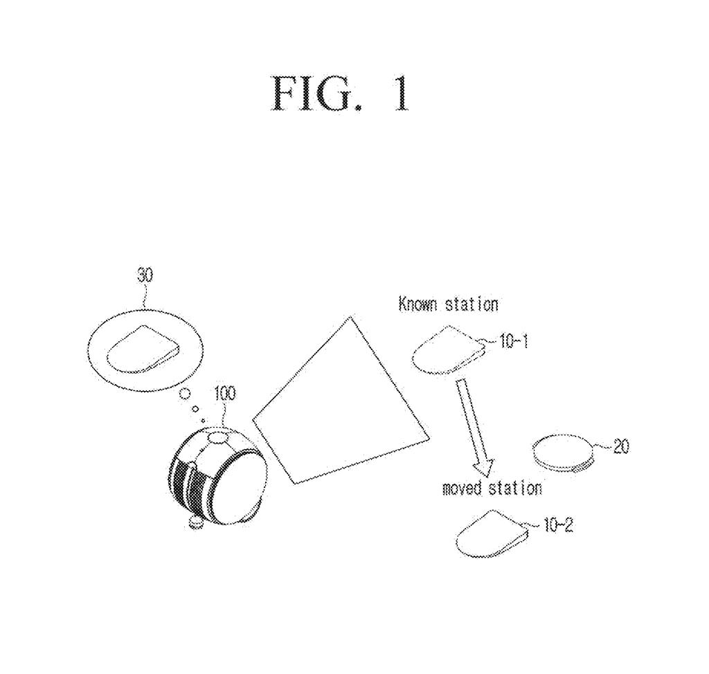 A ball-shaped robot scans a room to find its charging dock after someone moves it from its original spot. Drawing from patent filing US 2026/0329302 A1.