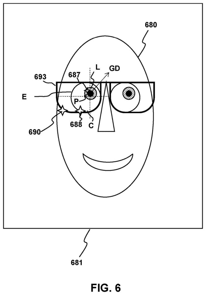 Smart glasses track where the wearer looks so display adjustments happen while the eyes blink. Drawing from patent filing US 2026/0329374 A1.