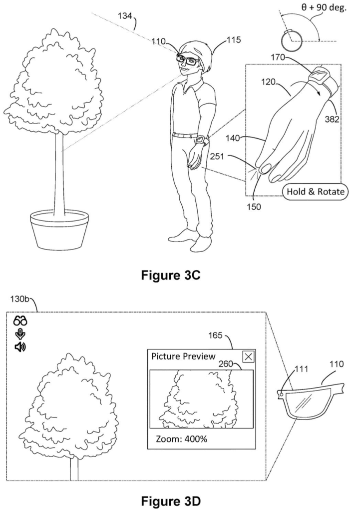 A wristband tracks wrist rotation to control the camera zoom on smart glasses while the wearer pinches their fingers. Drawing from patent filing US 2026/0329390 A1.