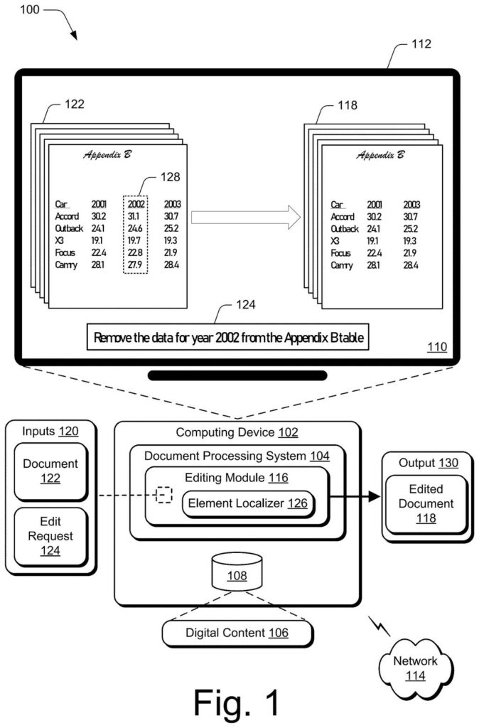 A document editing system that removes a specific column from a table after reading a person's written request. Drawing from patent filing US 2026/0330123 A1.