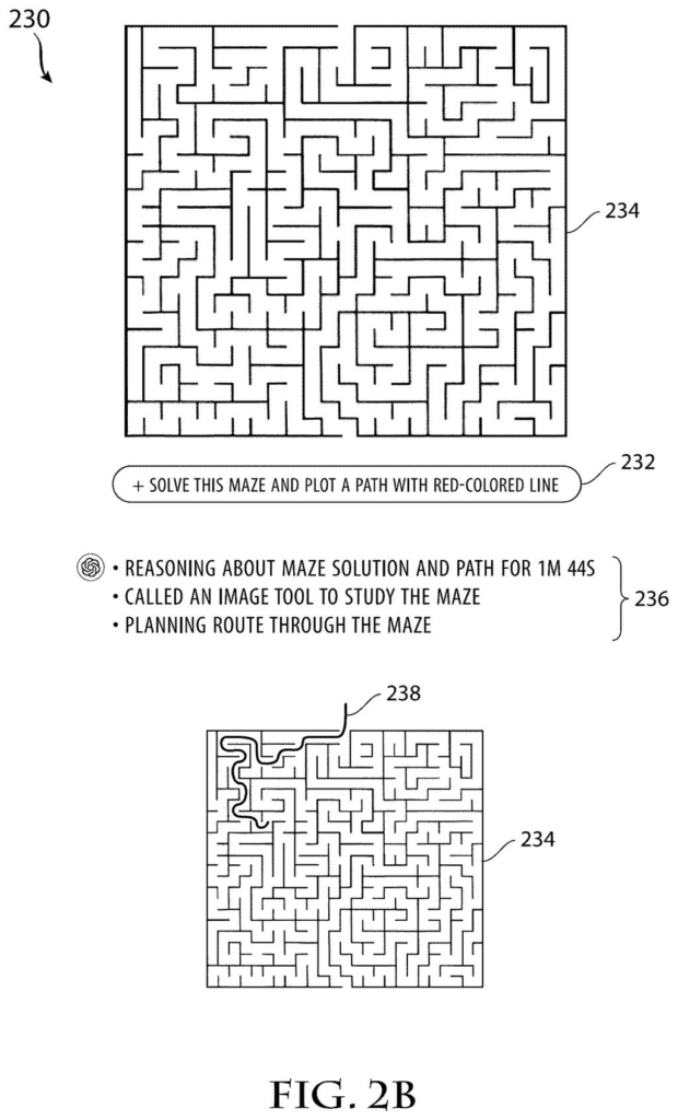 A chat interface displaying live progress updates and tool usage while an AI works through solving a visual maze puzzle. Drawing from patent filing US 2026/0330194 A1.