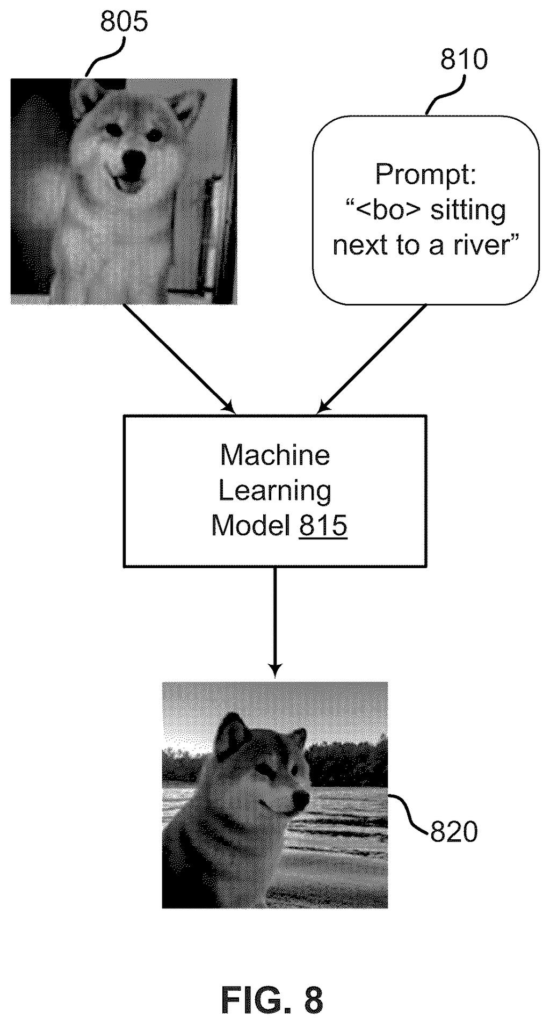 An AI turns a photo of a pet and a written instruction into a brand new picture of the same animal sitting by a river. Drawing from patent filing US 2026/0330719 A1.