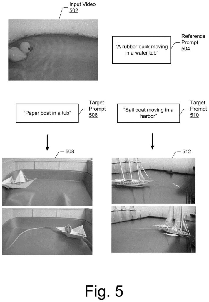 Video frames showing how an AI transfers the path of a moving rubber duck onto a paper boat or a sailboat based on text prompts. Drawing from patent filing US 2026/0330733 A1.