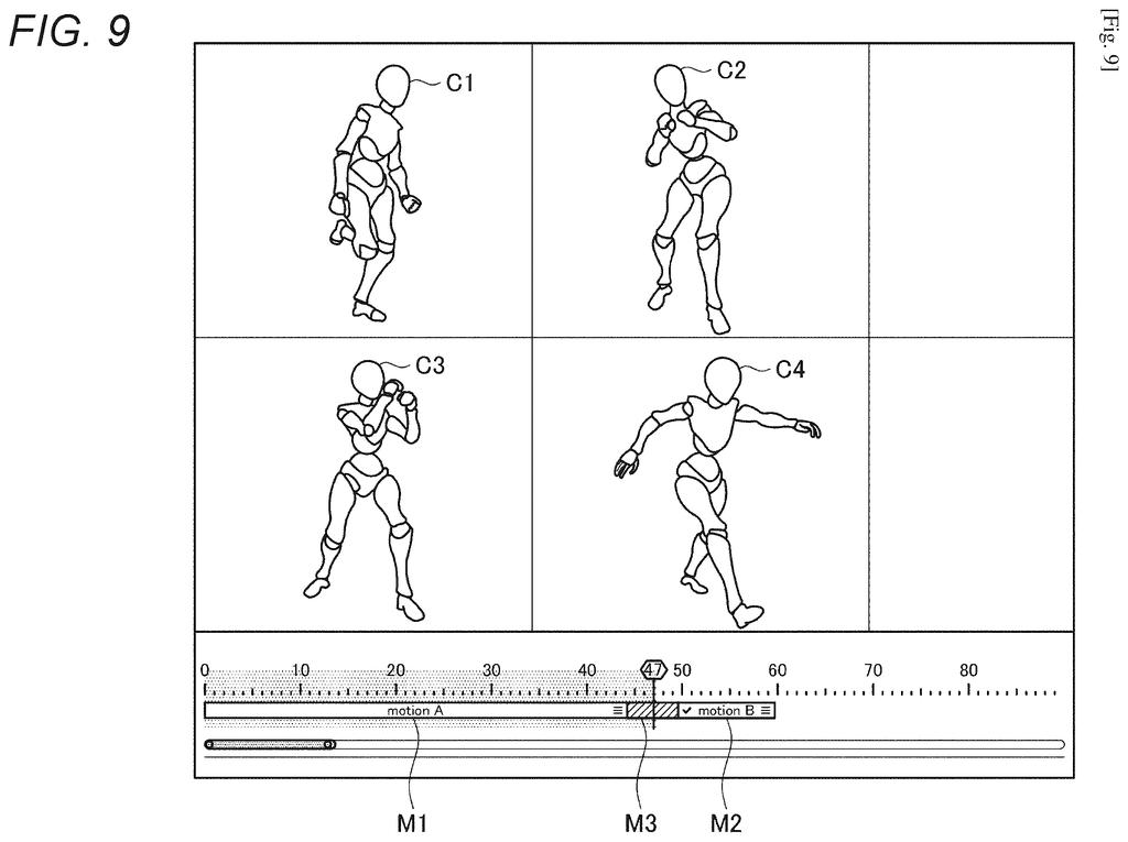 An animation screen lets an artist pick between several generated character actions to connect two different movements. Drawing from patent filing US 2026/0330735 A1.