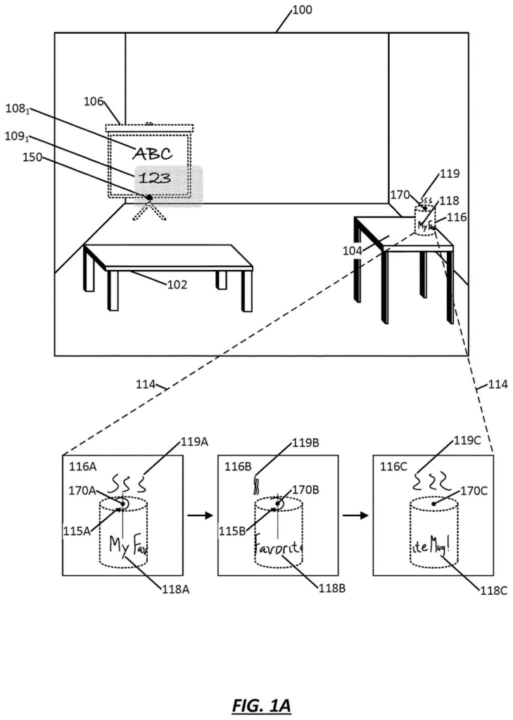 Virtual handwriting drawn directly onto objects in a room stays attached to their surfaces as the items move and rotate. Drawing from patent filing US 2026/0330760 A1.