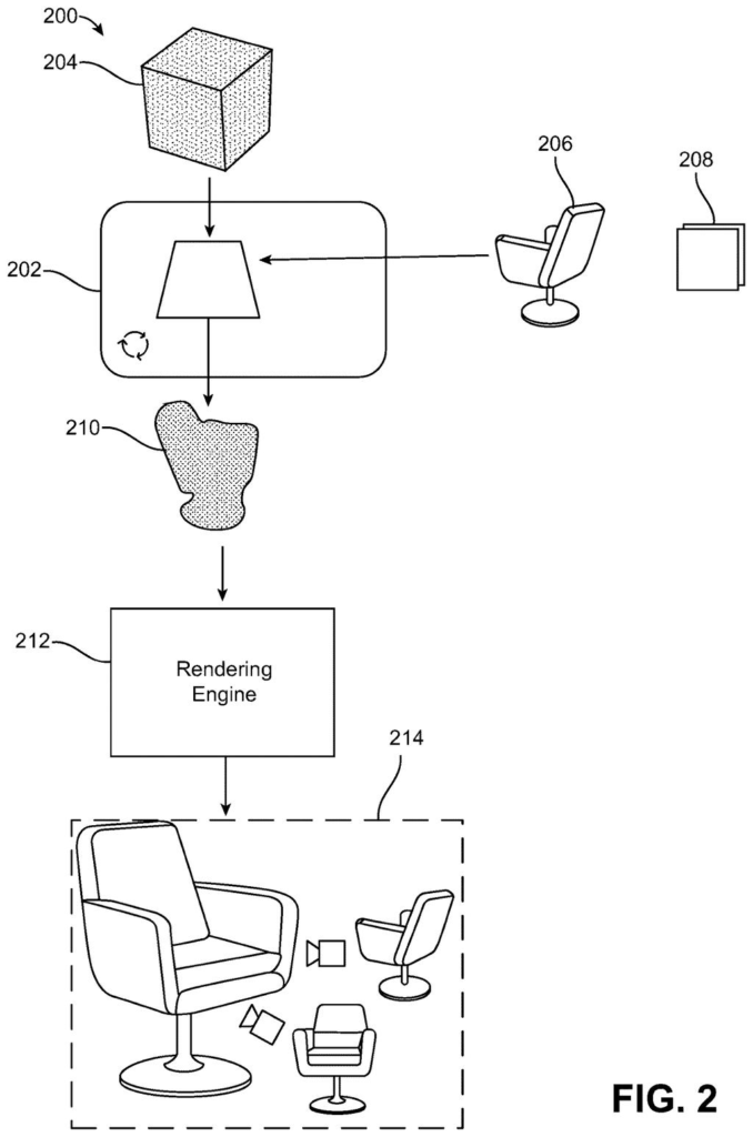 An AI turns a single picture into a digital shape to recreate the scene from new camera angles. Drawing from patent filing US 2026/0330765 A1.