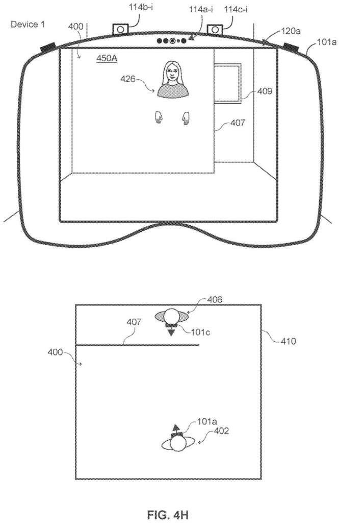 A headset reveals the avatar of another person located behind an interior wall so users can keep track of nearby friends. Drawing from patent filing US 2026/0330773 A1.