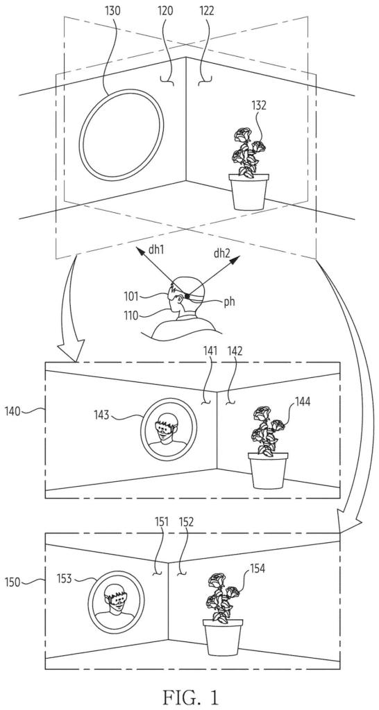 A headset tracks a person looking at a mirror so their reflection does not confuse the device about where they are in a room. Drawing from patent filing US 2026/0330778 A1.