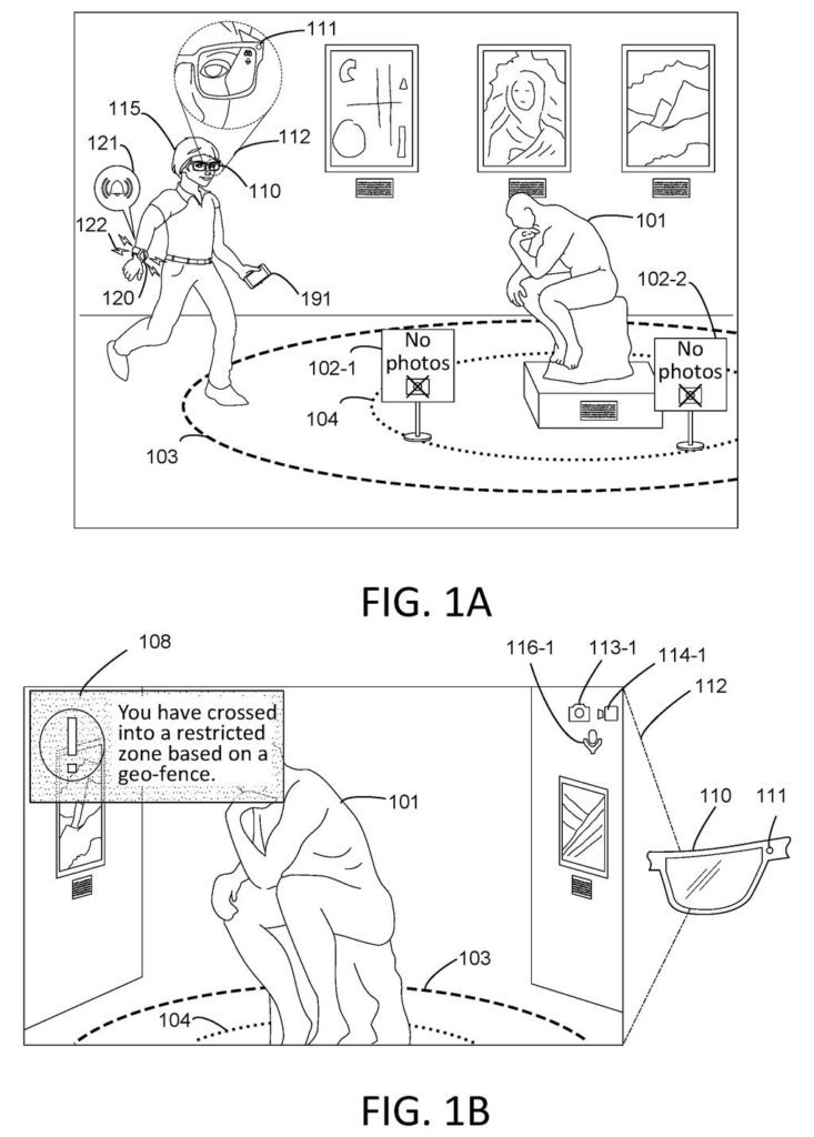 Smart glasses alert a wearer and restrict recording features after detecting that they walked into a no-photography zone. Drawing from patent filing US 2026/0330783 A1.